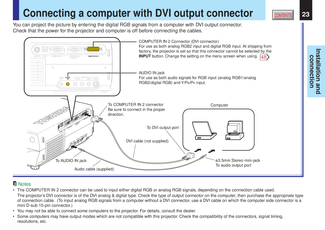 Toshiba TLP-X11Y, TLP-X10Y, TLP-X20E Connecting a computer with DVI output connector, Computer in 2 Connector DVI connector 