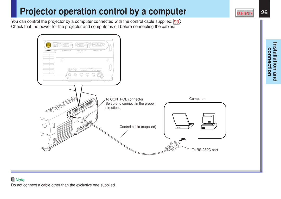 Toshiba TLP-X21E, TLP-X10Y, TLP-X20E, TLP-X20Y, TLP-X21Y, TLP-X10E, TLP-X11E, TLP-X11Y Projector operation control by a computer 