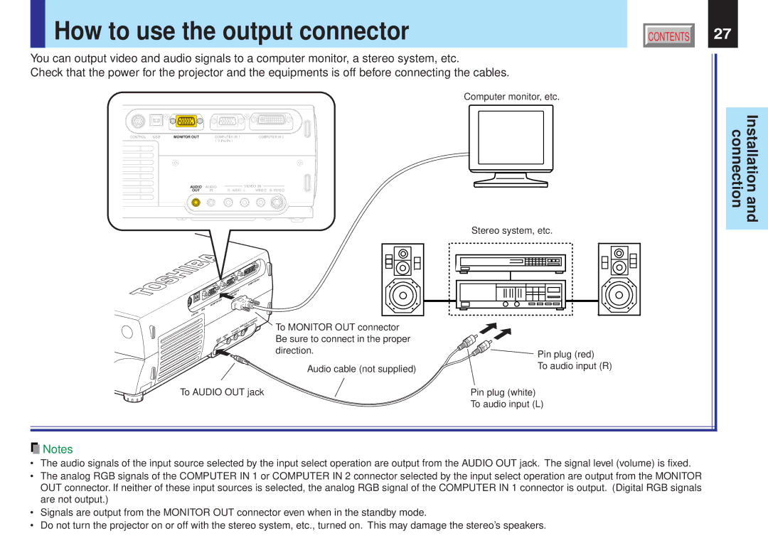 Toshiba TLP-X20Y, TLP-X10Y, TLP-X20E, TLP-X21E, TLP-X21Y, TLP-X10E, TLP-X11E, TLP-X11Y How to use the output connector 