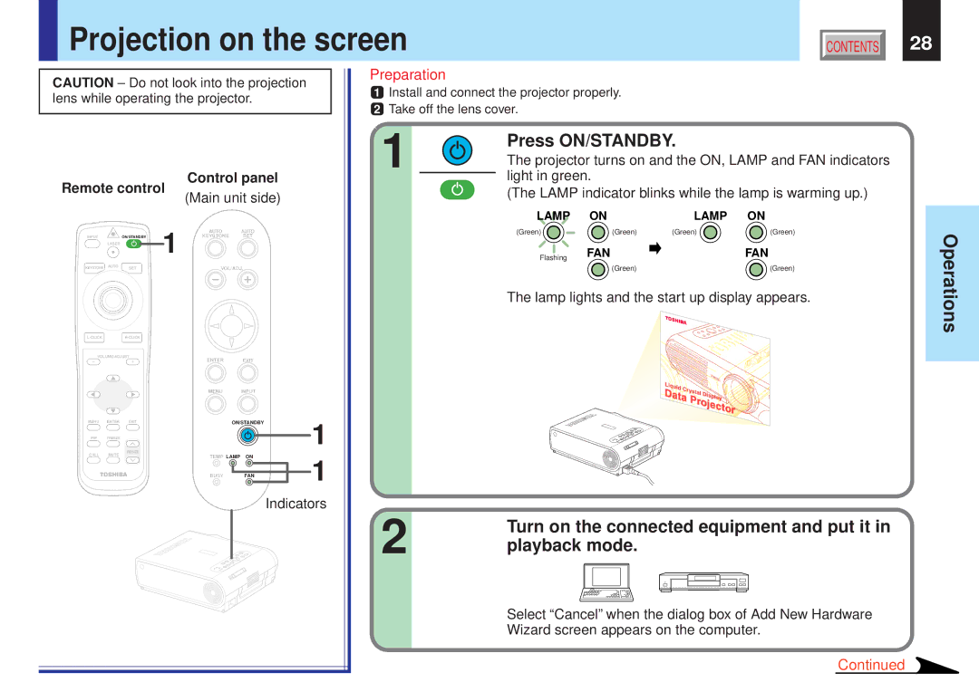 Toshiba TLP-X21Y Projection on the screen, Press ON/STANDBY, Turn on the connected equipment and put it, Playback mode 