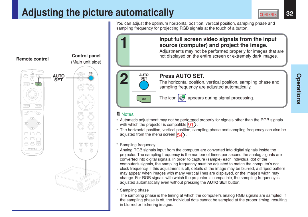 Toshiba TLP-X10Y, TLP-X20E, TLP-X21E, TLP-X20Y, TLP-X21Y, TLP-X10E Adjusting the picture automatically, Press Auto SET 