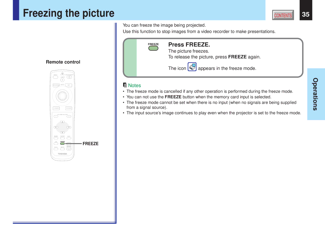 Toshiba TLP-X20Y, TLP-X10Y, TLP-X20E Freezing the picture, Press Freeze, Picture freezes, Icon Appears in the freeze mode 