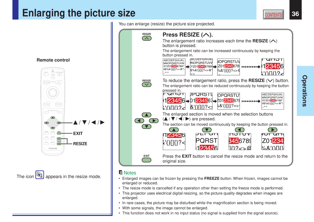 Toshiba TLP-X21Y, TLP-X10Y, TLP-X20E, TLP-X21E Enlarging the picture size, Press Resize, Icon Appears in the resize mode 