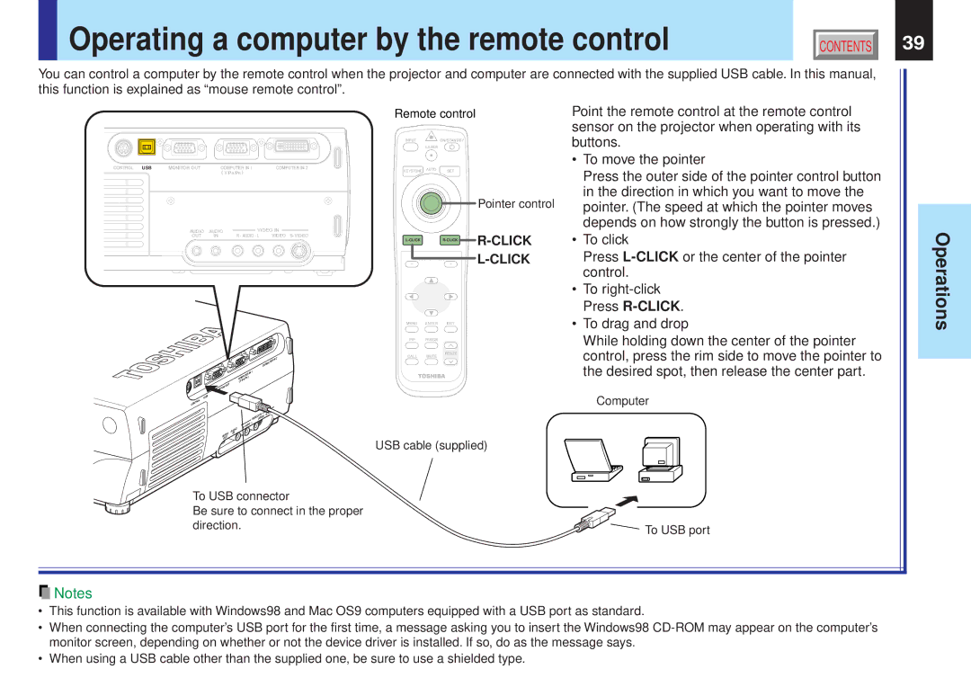 Toshiba TLP-X11Y, TLP-X10Y, TLP-X20E, TLP-X21E, TLP-X20Y, TLP-X21Y, TLP-X10E Operating a computer by the remote control 