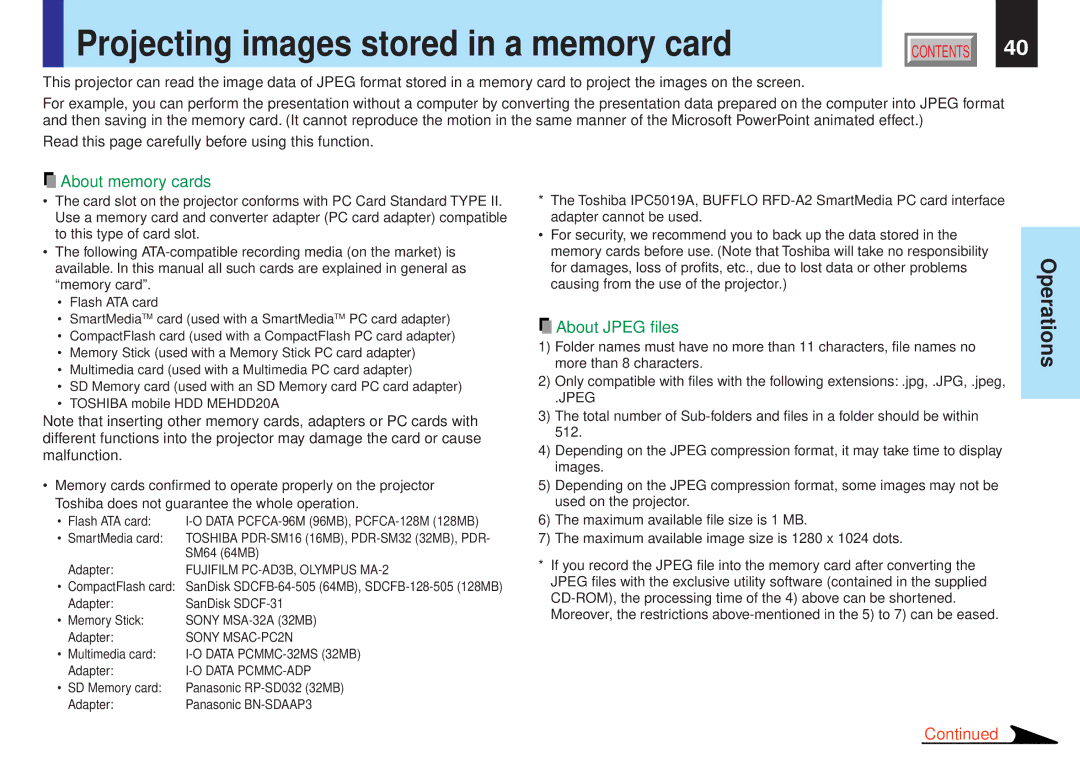 Toshiba TLP-X10Y, TLP-X20E, TLP-X21E, TLP-X20Y, TLP-X21Y Projecting images stored in a memory card, About memory cards 