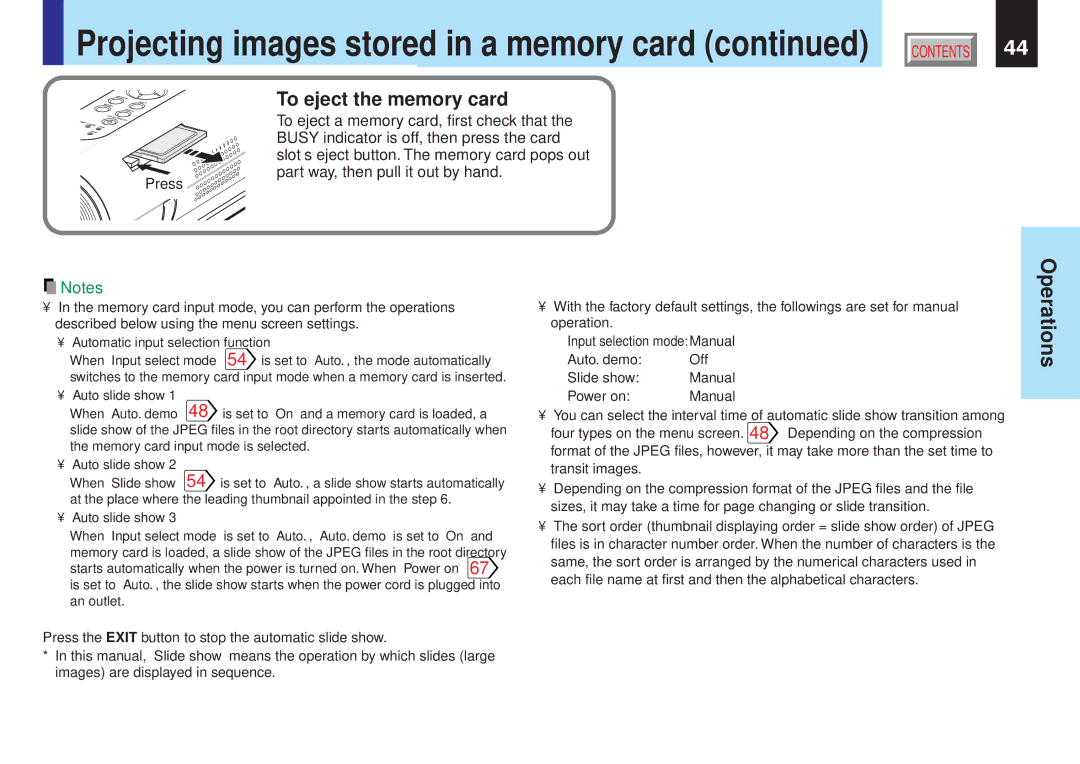 Toshiba TLP-X21Y, TLP-X10Y, TLP-X20E, TLP-X21E, TLP-X20Y Projecting images stored in a memory card, To eject the memory card 