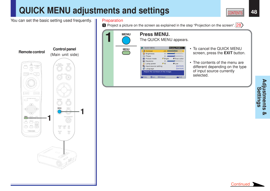 Toshiba TLP-X10Y, TLP-X20E, TLP-X21E, TLP-X20Y, TLP-X21Y Quick Menu adjustments and settings, Press Menu, Quick Menu appears 