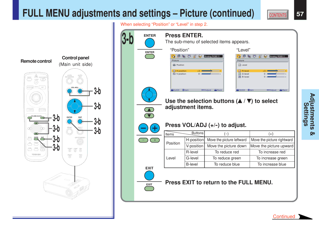 Toshiba TLP-X20E, TLP-X10Y Press Exit to return to the Full Menu, Sub-menu of selected items appears PositionLevel 