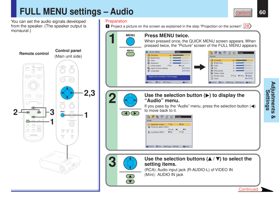 Toshiba TLP-X21Y, TLP-X10Y, TLP-X20E, TLP-X21E, TLP-X20Y, TLP-X10E, TLP-X11E, TLP-X11Y owner manual Full Menu settings Audio 