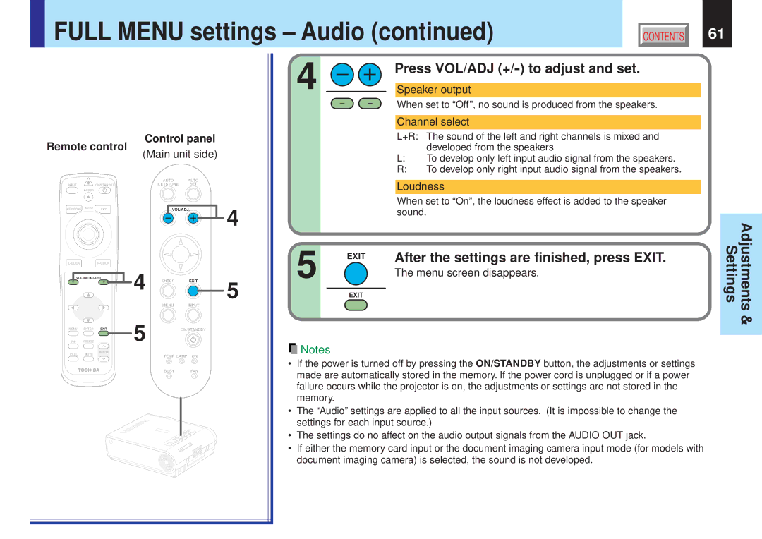 Toshiba TLP-X10E, TLP-X10Y, TLP-X20E After the settings are finished, press Exit, Speaker output, Channel select, Loudness 