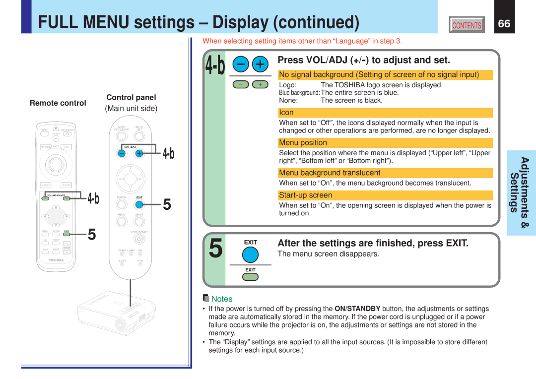 Toshiba TLP-X21E No signal background Setting of screen of no signal input, Menu position, Menu background translucent 