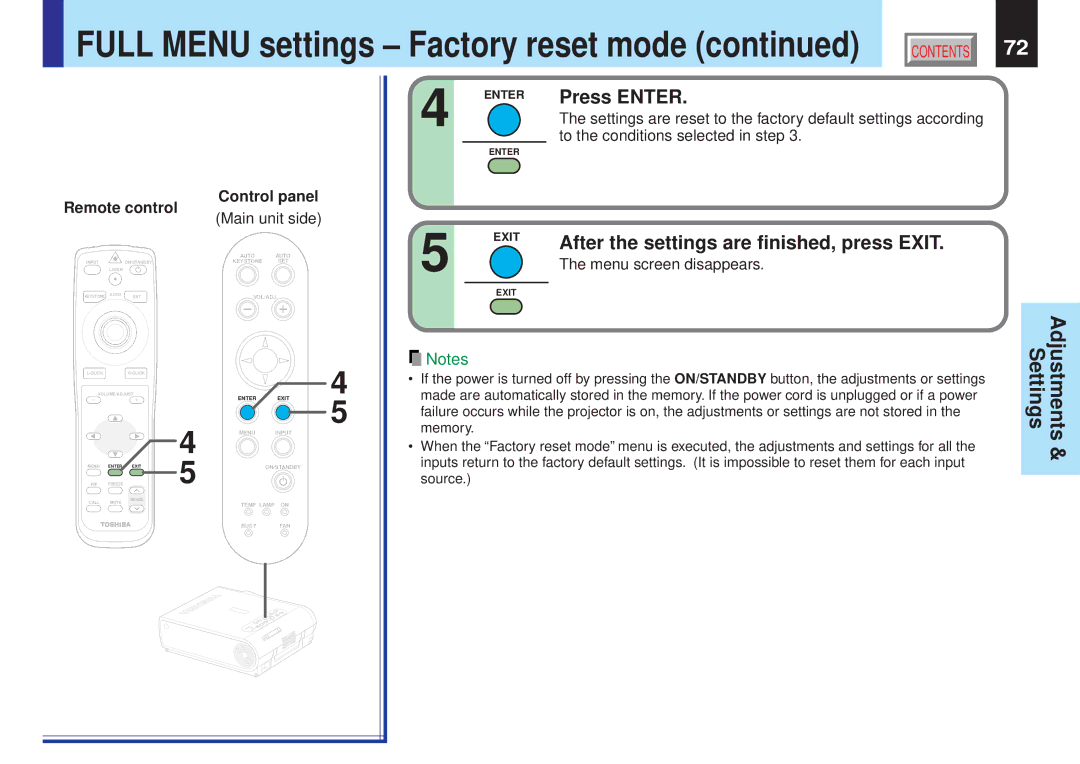 Toshiba TLP-X10Y, TLP-X20E, TLP-X21E, TLP-X20Y, TLP-X21Y, TLP-X10E, TLP-X11E, TLP-X11Y Full Menu settings Factory reset mode 