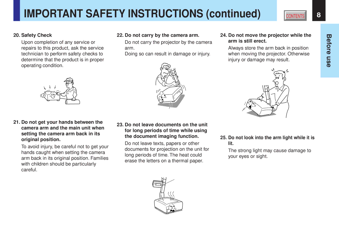 Toshiba TLP-X10Y Safety Check, Do not carry by the camera arm, Do not move the projector while the arm is still erect 