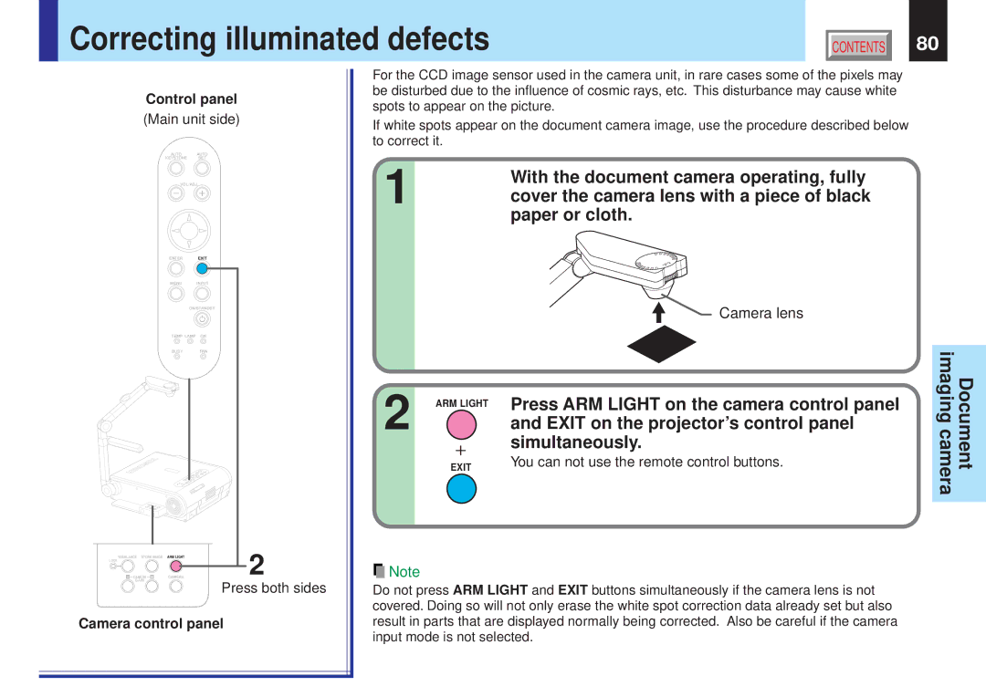 Toshiba TLP-X10Y, TLP-X20E Correcting illuminated defects, With the document camera operating, fully, Paper or cloth 