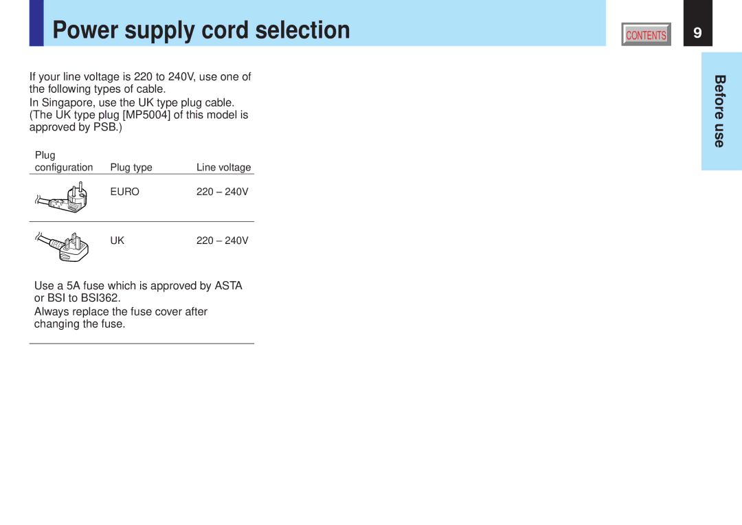 Toshiba TLP-X20E, TLP-X10Y, TLP-X21E, TLP-X20Y, TLP-X21Y, TLP-X10E, TLP-X11E, TLP-X11Y owner manual Power supply cord selection 