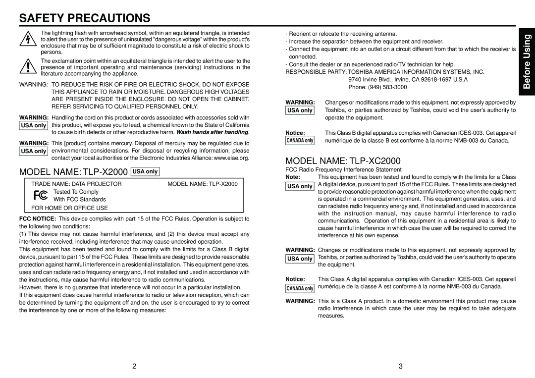 Toshiba TLP-X2000, TLP-XC2000 owner manual Safety Precautions, USA only 