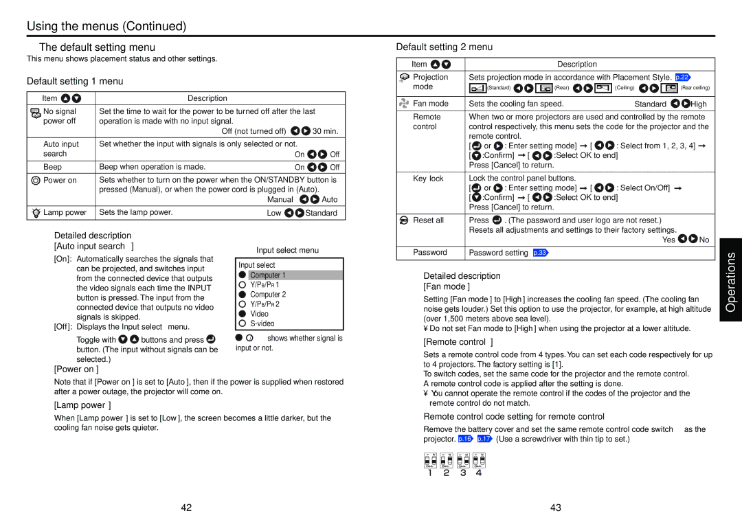 Toshiba TLP-X2000, TLP-XC2000 owner manual Default setting menu, Default setting 1 menu, Default setting 2 menu 