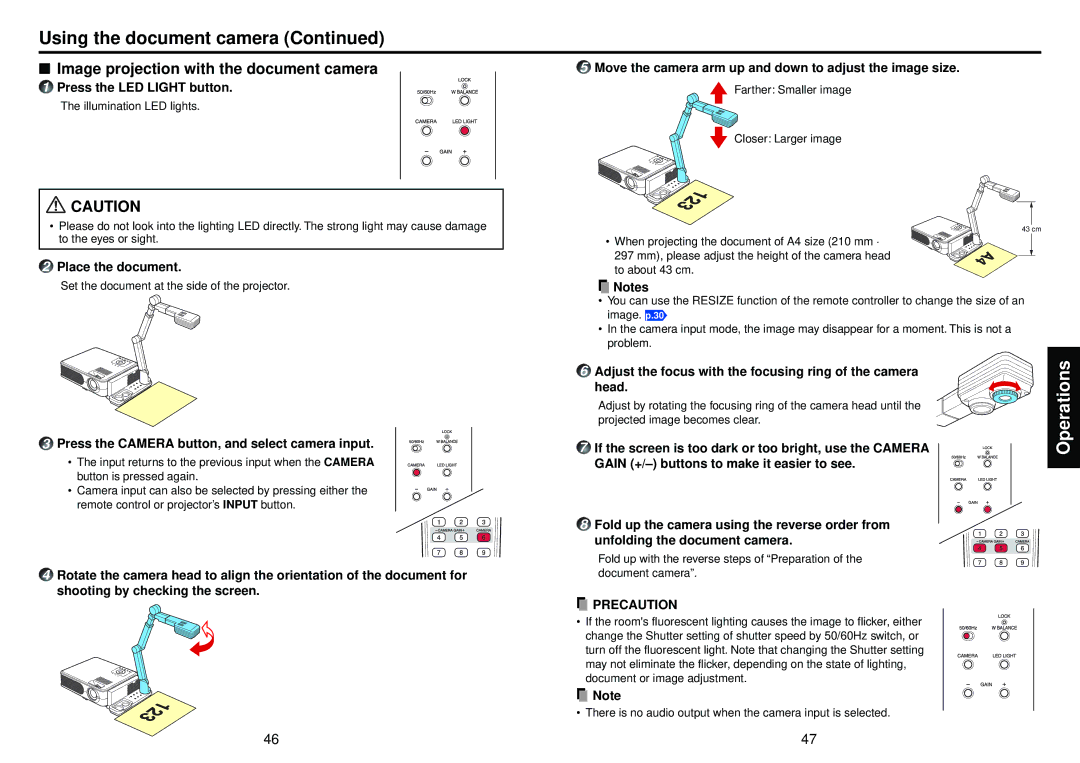 Toshiba TLP-X2000, TLP-XC2000 owner manual Using the document camera, Image projection with the document camera 