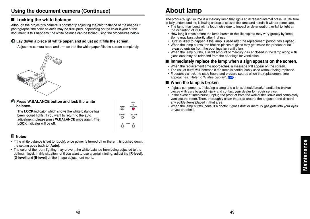 Toshiba TLP-XC2000, TLP-X2000 owner manual About lamp, Locking the white balance, When the lamp is broken 