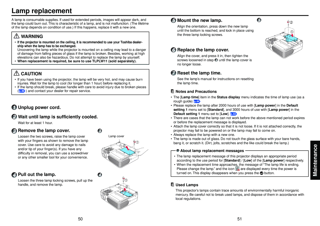 Toshiba TLP-X2000, TLP-XC2000 owner manual Lamp replacement 