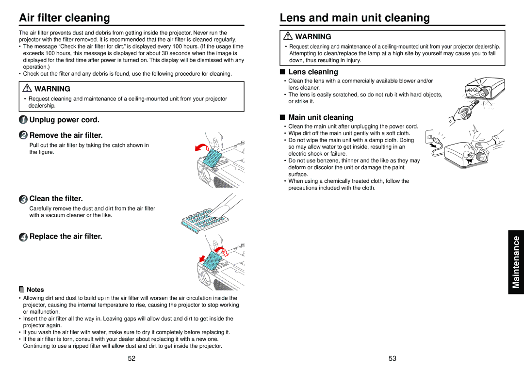 Toshiba TLP-XC2000, TLP-X2000 owner manual Air filter cleaning, Lens and main unit cleaning 