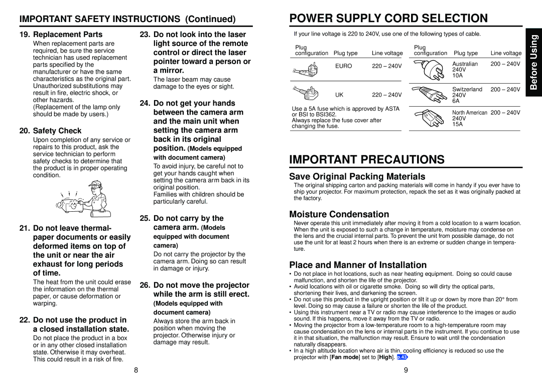 Toshiba TLP-XC2000, TLP-X2000 Power Supply Cord Selection, Important Precautions, Save Original Packing Materials 