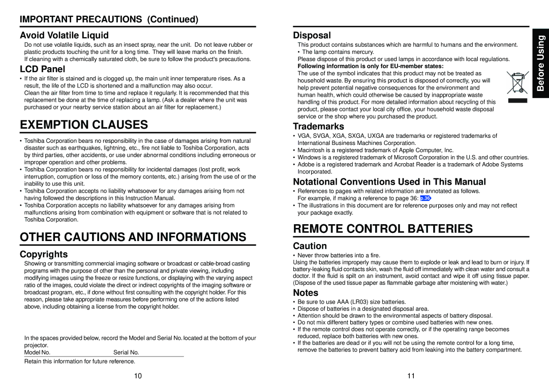 Toshiba TLP-X2000, TLP-XC2000 owner manual Exemption Clauses, Other Cautions and Informations, Remote Control Batteries 