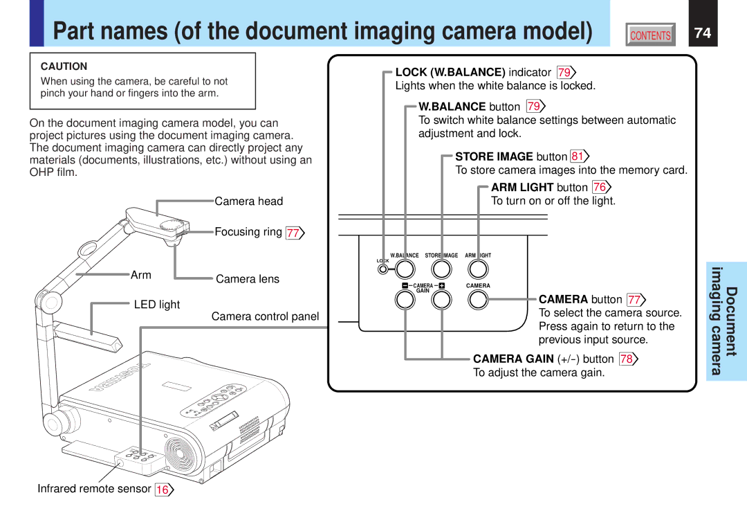 Toshiba TLP-X20U, TLP-X21U, TLP-X11 Arm Camera lens LED light Camera control panel, Lights when the white balance is locked 