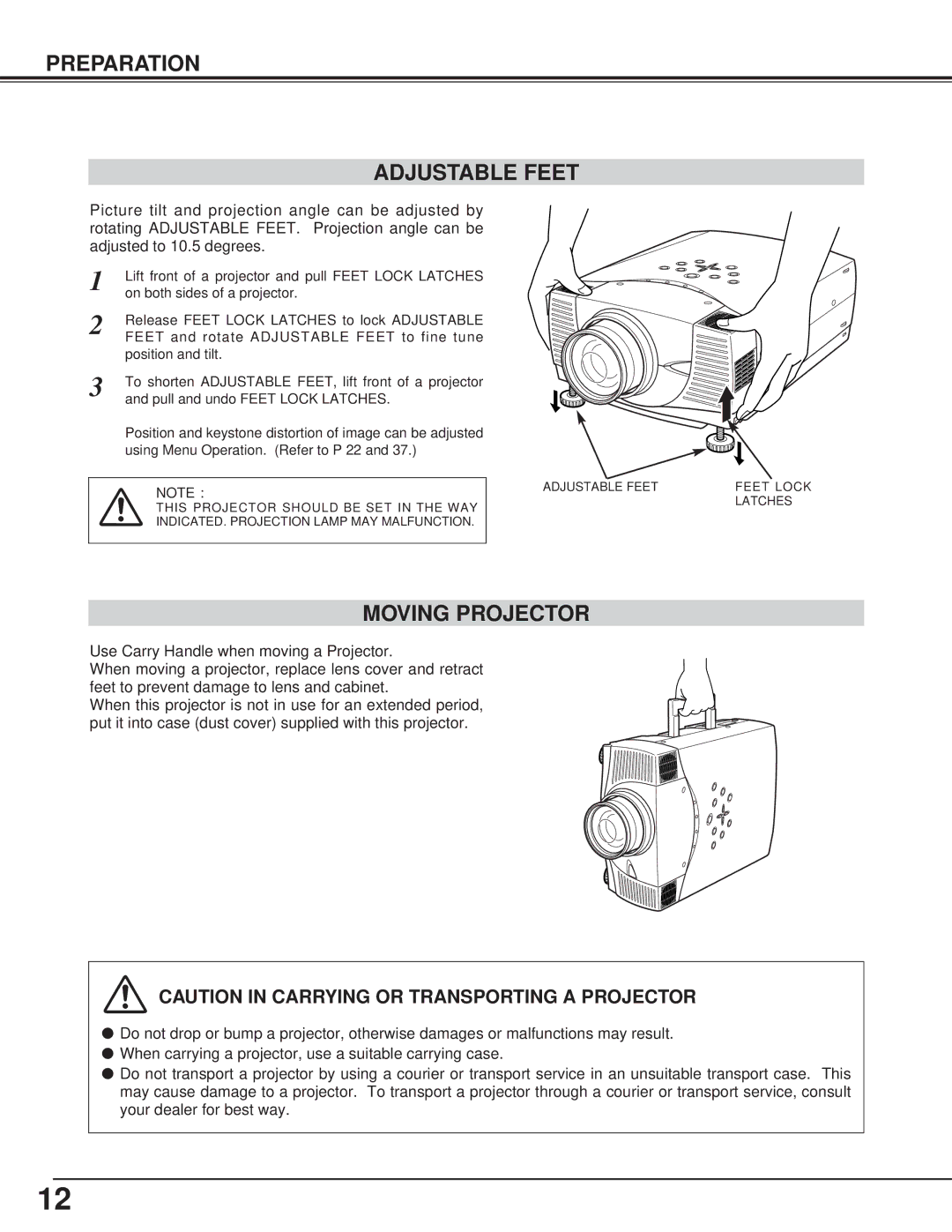 Toshiba TLP-X4100E owner manual Preparation Adjustable Feet, Moving Projector 