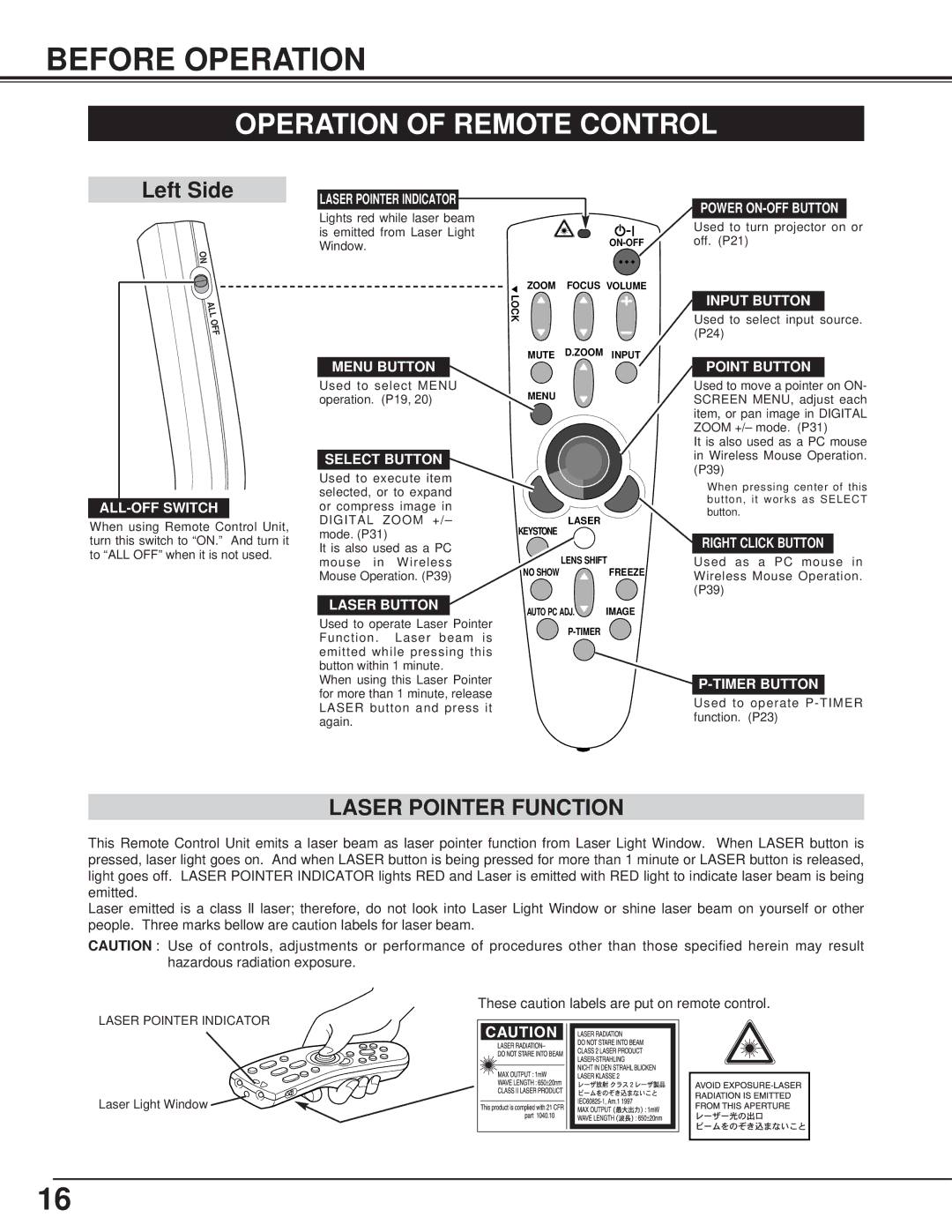 Toshiba TLP-X4100E owner manual Before Operation, Operation of Remote Control, Laser Pointer Function 