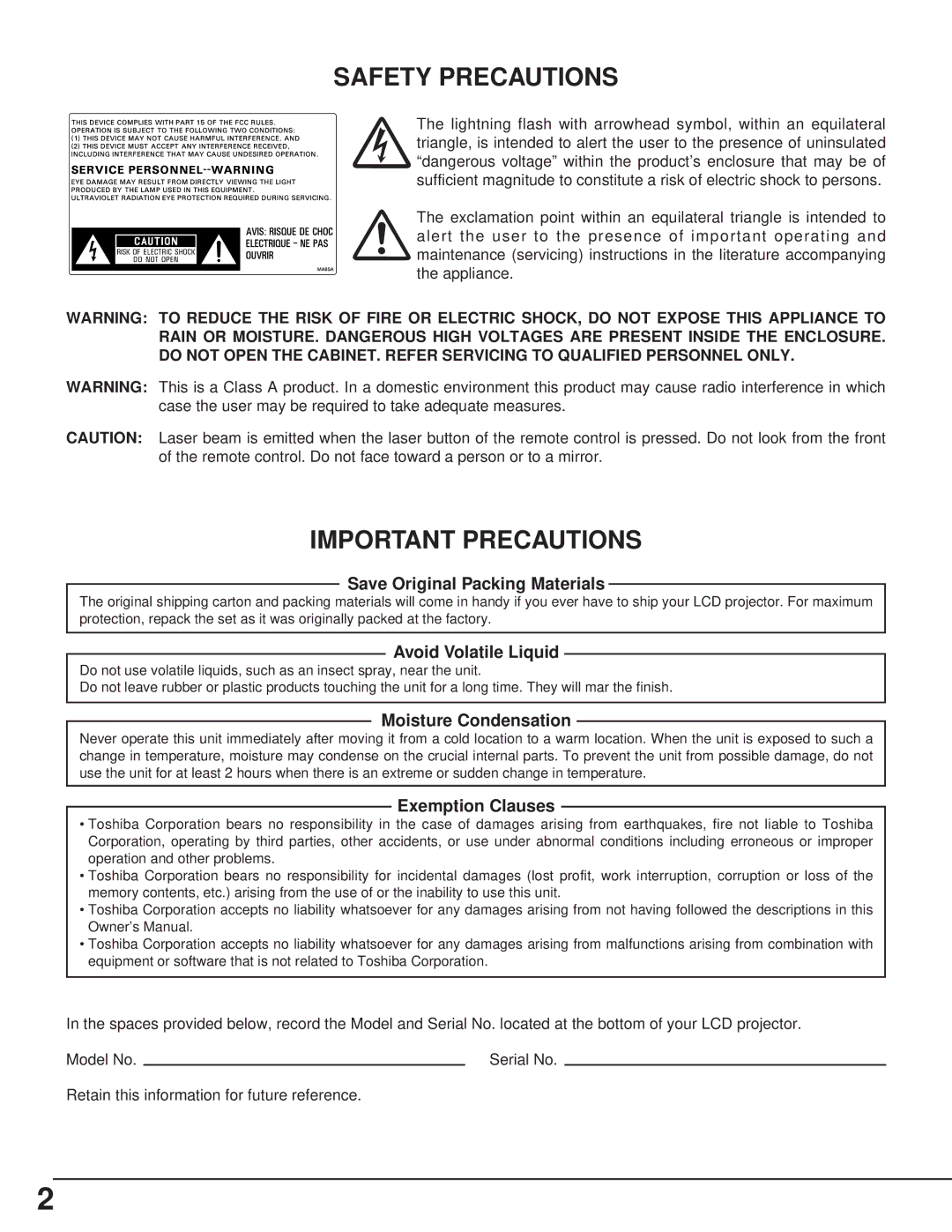 Toshiba TLP-X4100E owner manual Safety Precautions 