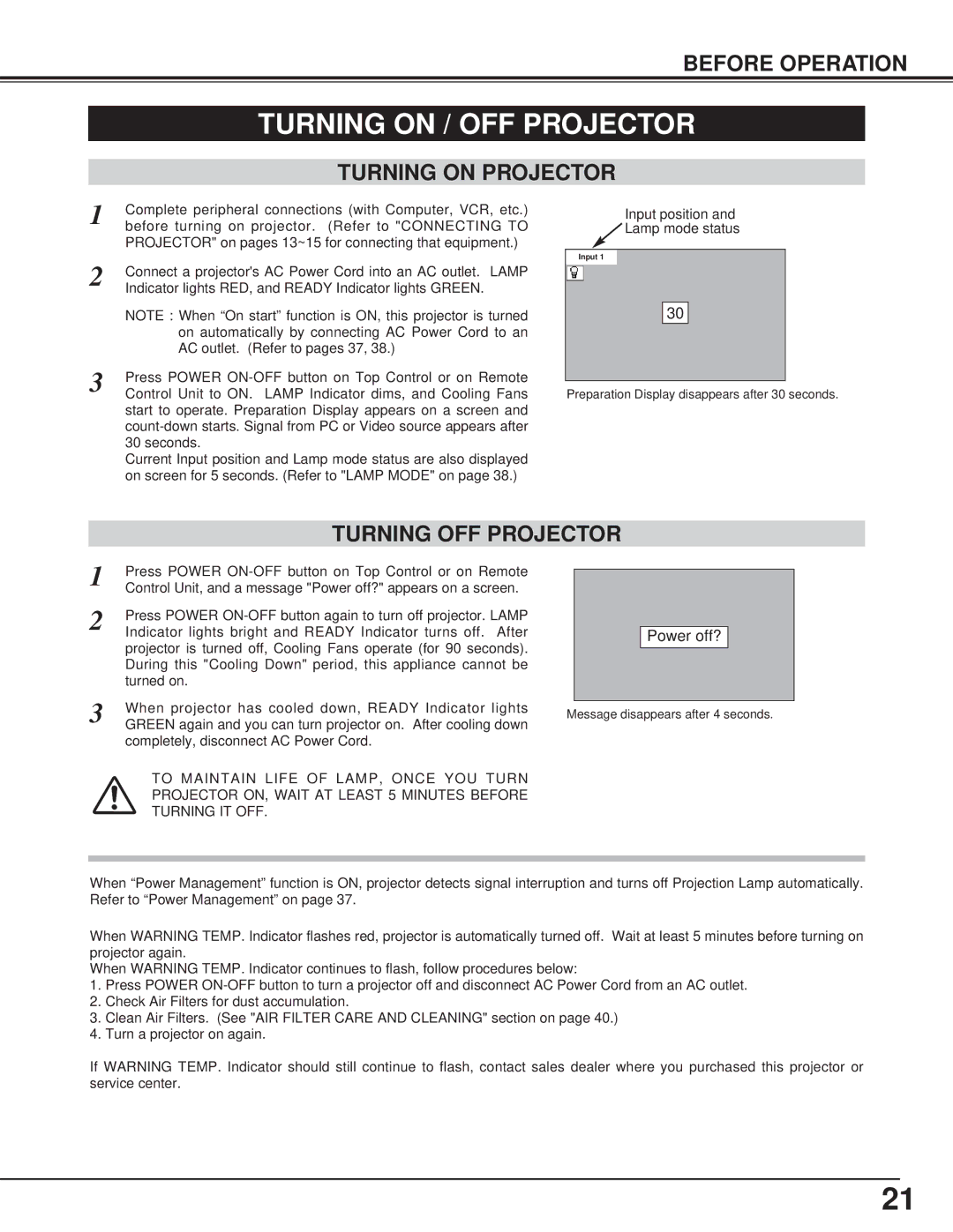 Toshiba TLP-X4100E owner manual Turning on / OFF Projector, Turning on Projector, Turning OFF Projector 