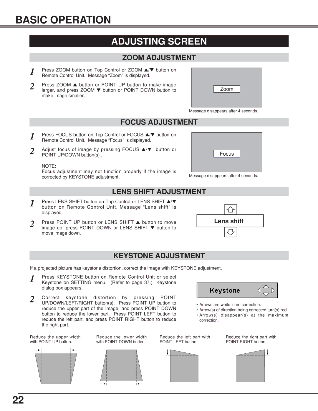 Toshiba TLP-X4100E Basic Operation, Adjusting Screen, Focus Adjustment, Lens Shift Adjustment, Keystone Adjustment 