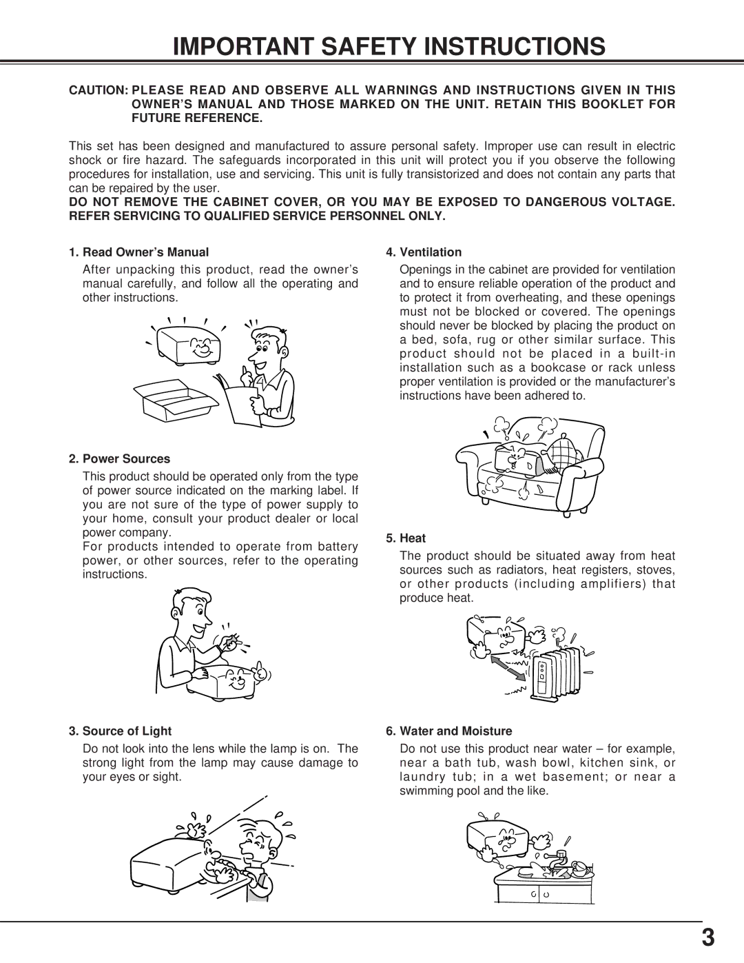 Toshiba TLP-X4100E Important Safety Instructions, Ventilation, Power Sources, Heat, Source of Light Water and Moisture 