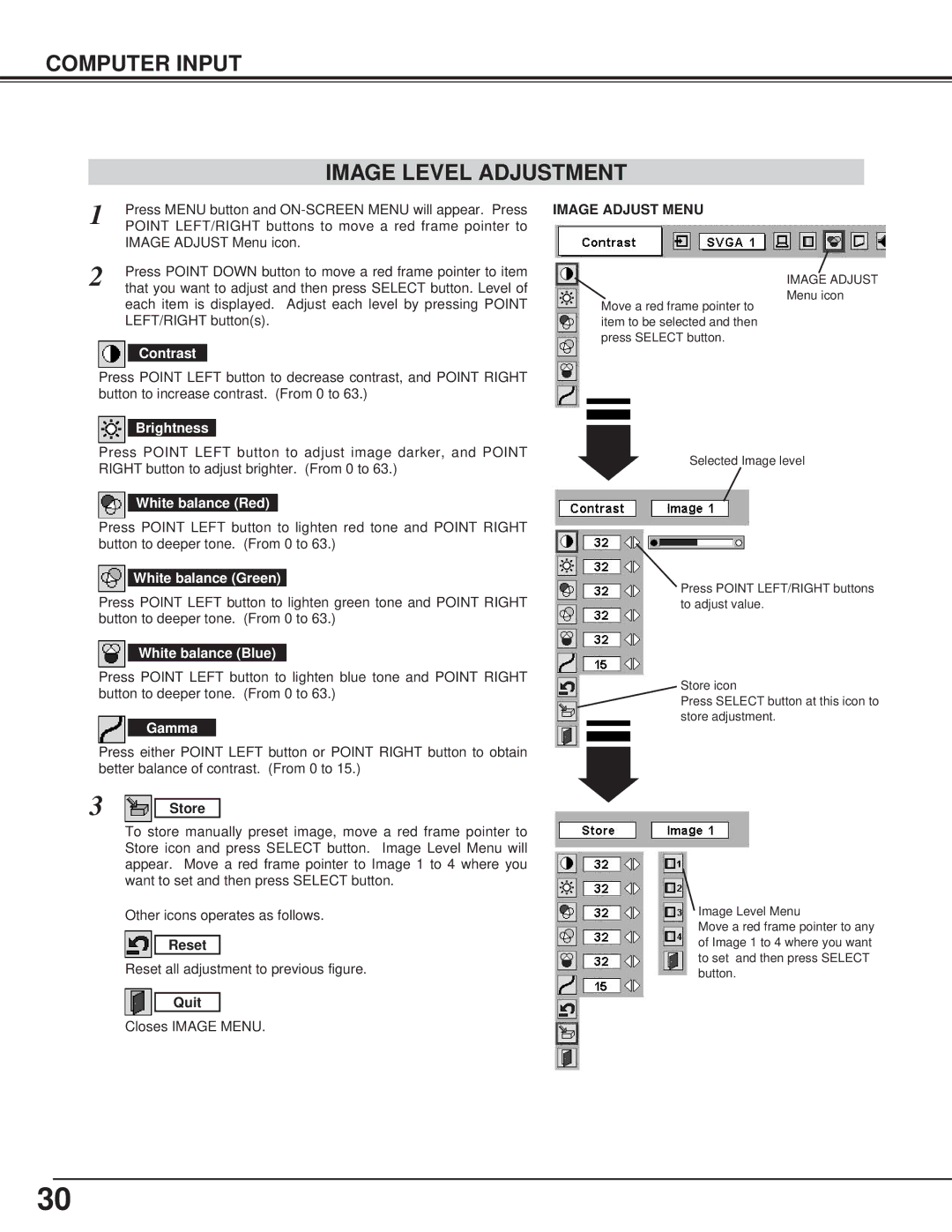 Toshiba TLP-X4100E owner manual Computer Input Image Level Adjustment, Image Adjust Menu 