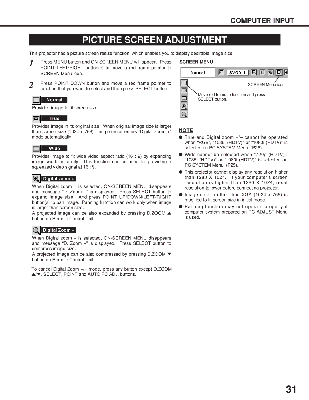 Toshiba TLP-X4100E owner manual Picture Screen Adjustment, Screen Menu 