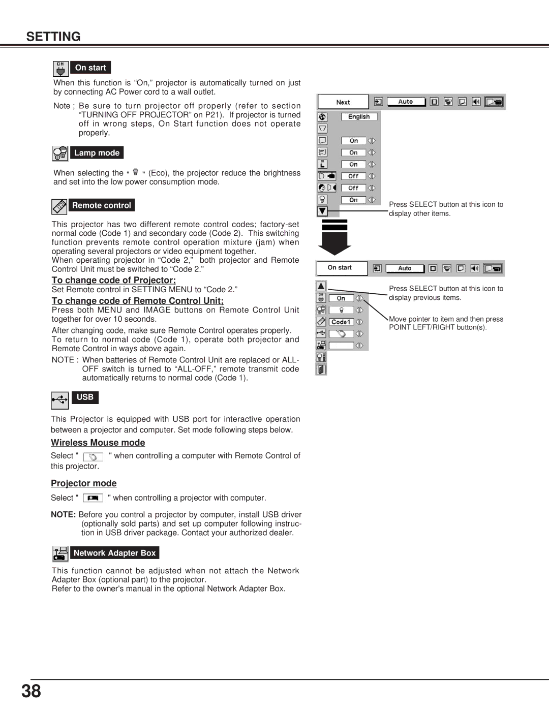 Toshiba TLP-X4100E To change code of Projector, To change code of Remote Control Unit, Wireless Mouse mode, Projector mode 