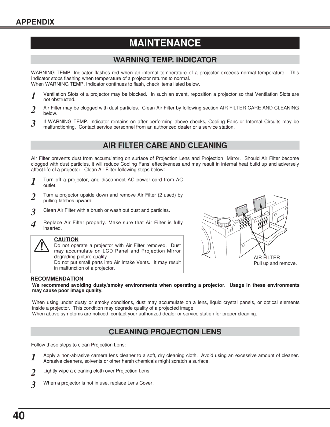 Toshiba TLP-X4100E owner manual Maintenance, AIR Filter Care and Cleaning, Cleaning Projection Lens 