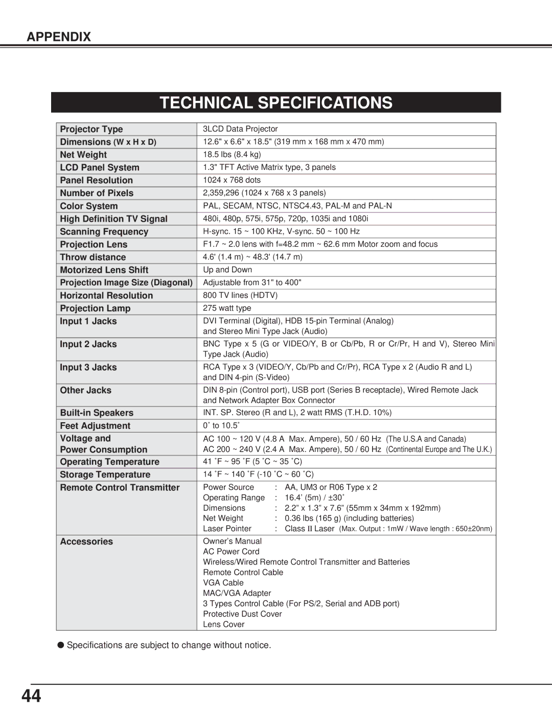 Toshiba TLP-X4100E owner manual Technical Specifications 