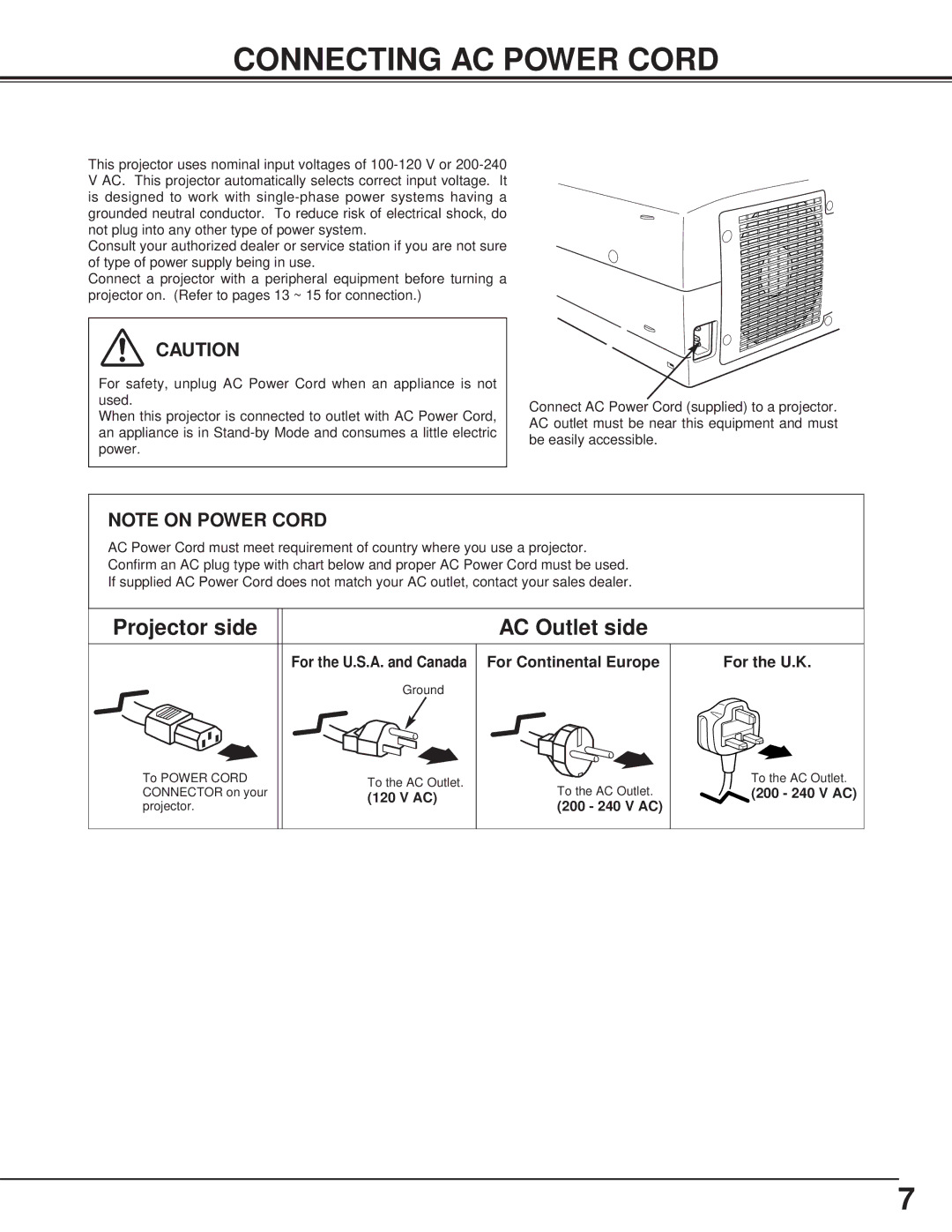 Toshiba TLP-X4100E owner manual Connecting AC Power Cord, For Continental Europe For the U.K 