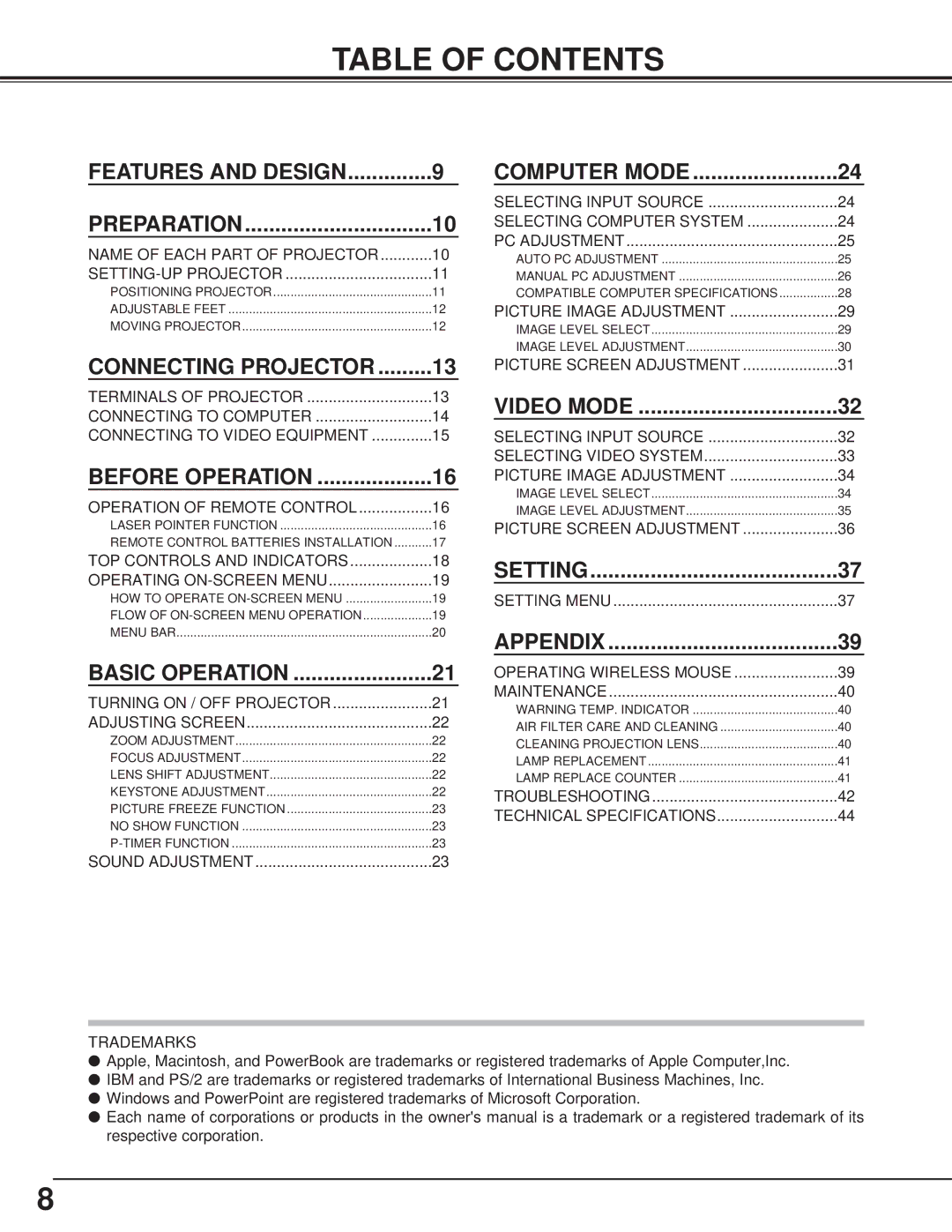 Toshiba TLP-X4100E owner manual Table of Contents 