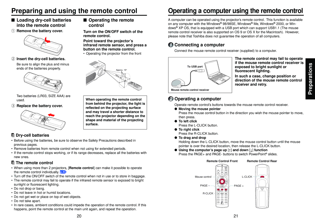 Toshiba TLP-X2500, TLP-XC2500 Preparing and using the remote control, Loading dry-cell batteries into the remote control 