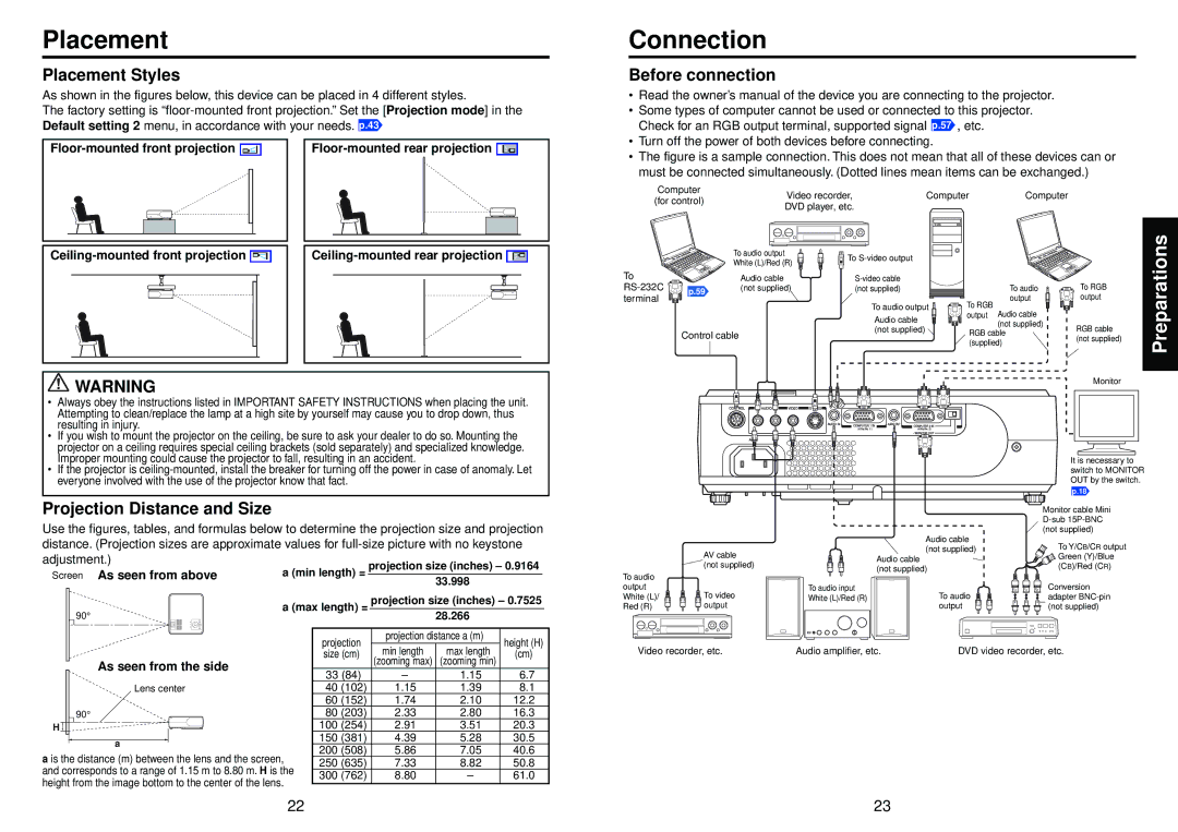 Toshiba TLP-XC2500, TLP-X2500 owner manual Connection, Placement Styles, Before connection, Projection Distance and Size 