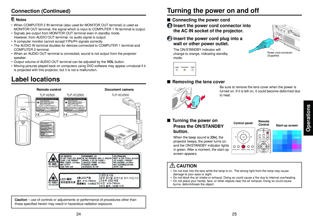 Toshiba TLP-X2500, TLP-XC2500 owner manual Turning the power on and off, Label locations, Connection 