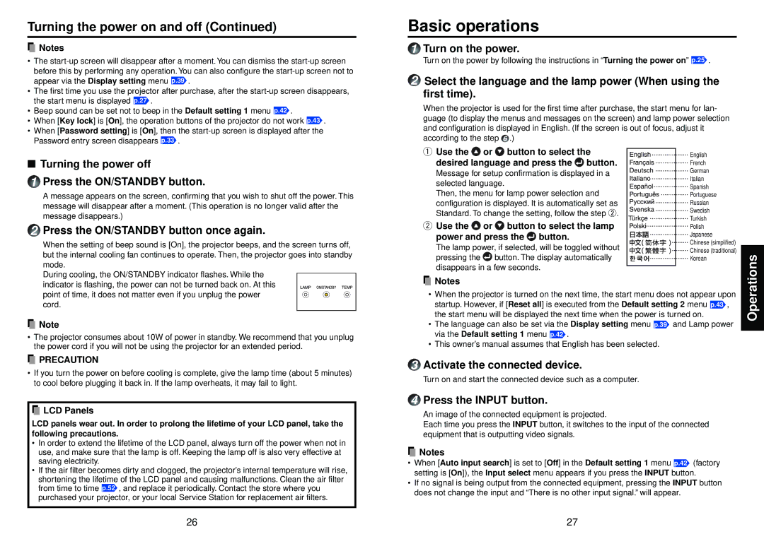 Toshiba TLP-XC2500, TLP-X2500 owner manual Basic operations, Turning the power on and off 