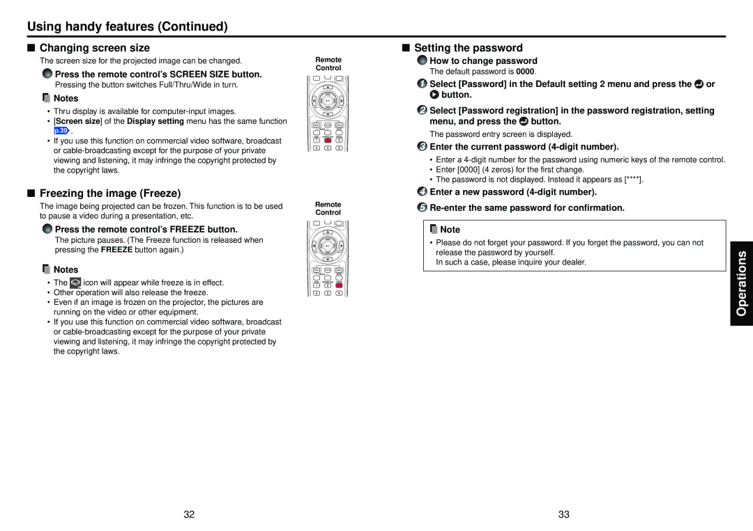 Toshiba TLP-X2500, TLP-XC2500 owner manual Changing screen size, Freezing the image Freeze, Setting the password 