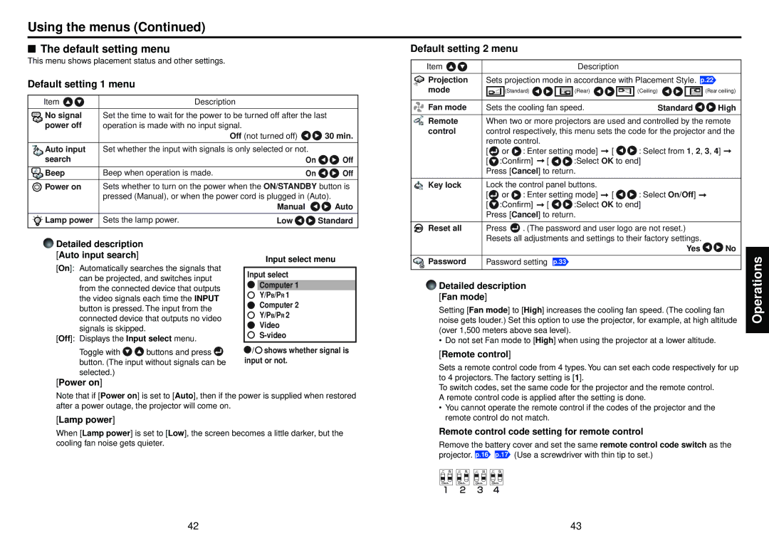 Toshiba TLP-XC2500, TLP-X2500 owner manual Default setting menu, Default setting 1 menu, Default setting 2 menu 