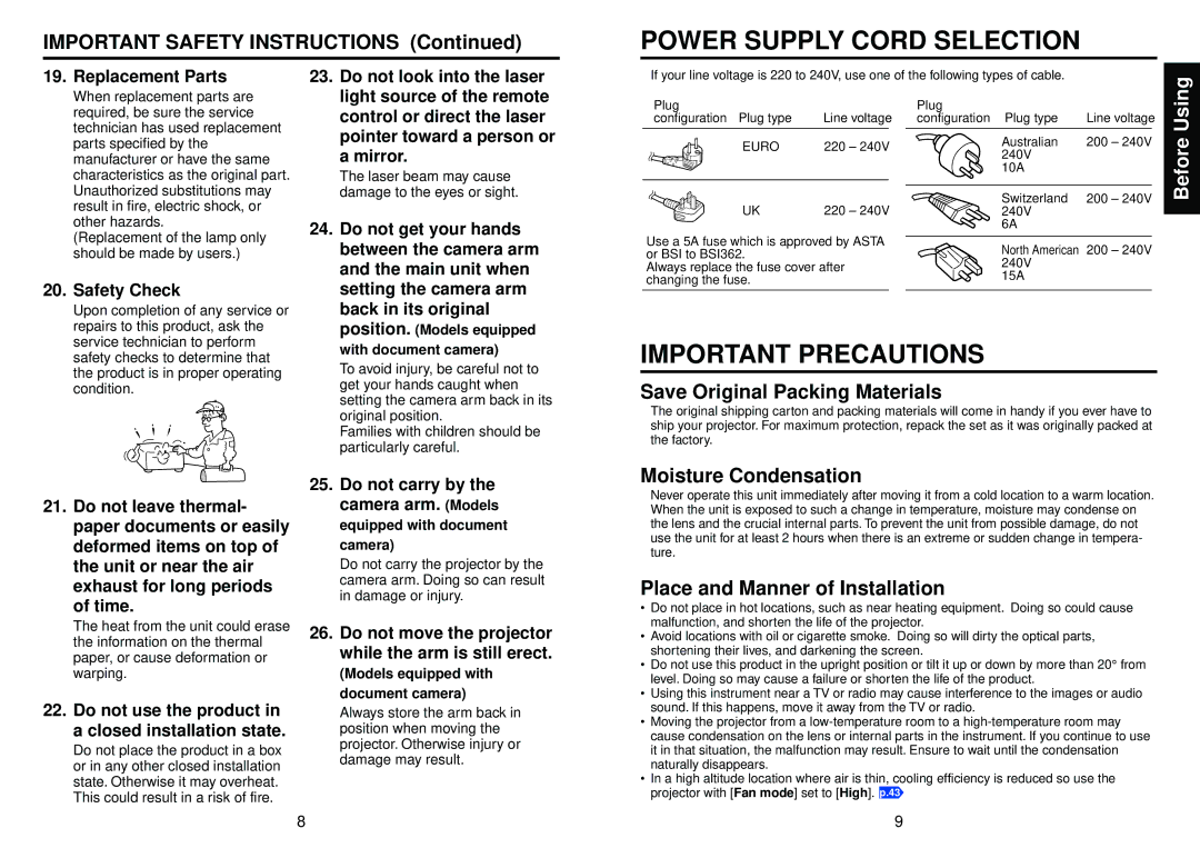 Toshiba TLP-X2500, TLP-XC2500 Power Supply Cord Selection, Important Precautions, Save Original Packing Materials 