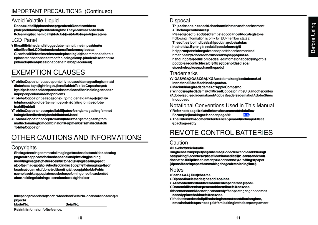 Toshiba TLP-XC2500, TLP-X2500 owner manual Exemption Clauses, Other Cautions and Informations, Remote Control Batteries 