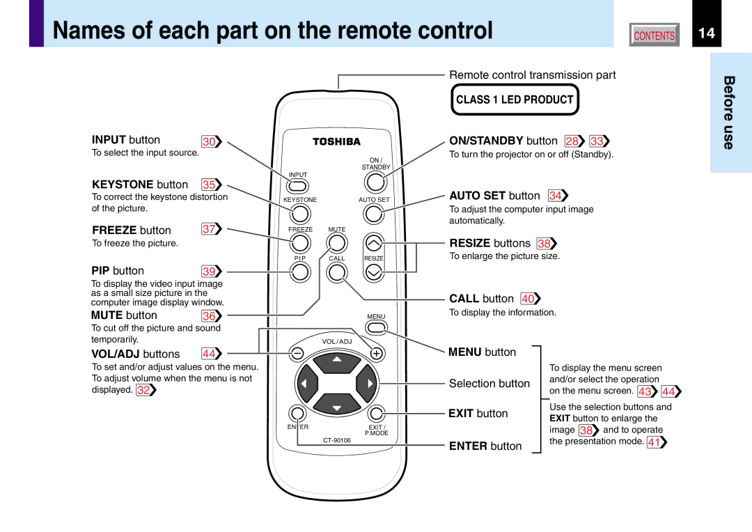 Toshiba TLP261, TLP260, TLP560, TLP561 owner manual Names of each part on the remote control, Freeze button 